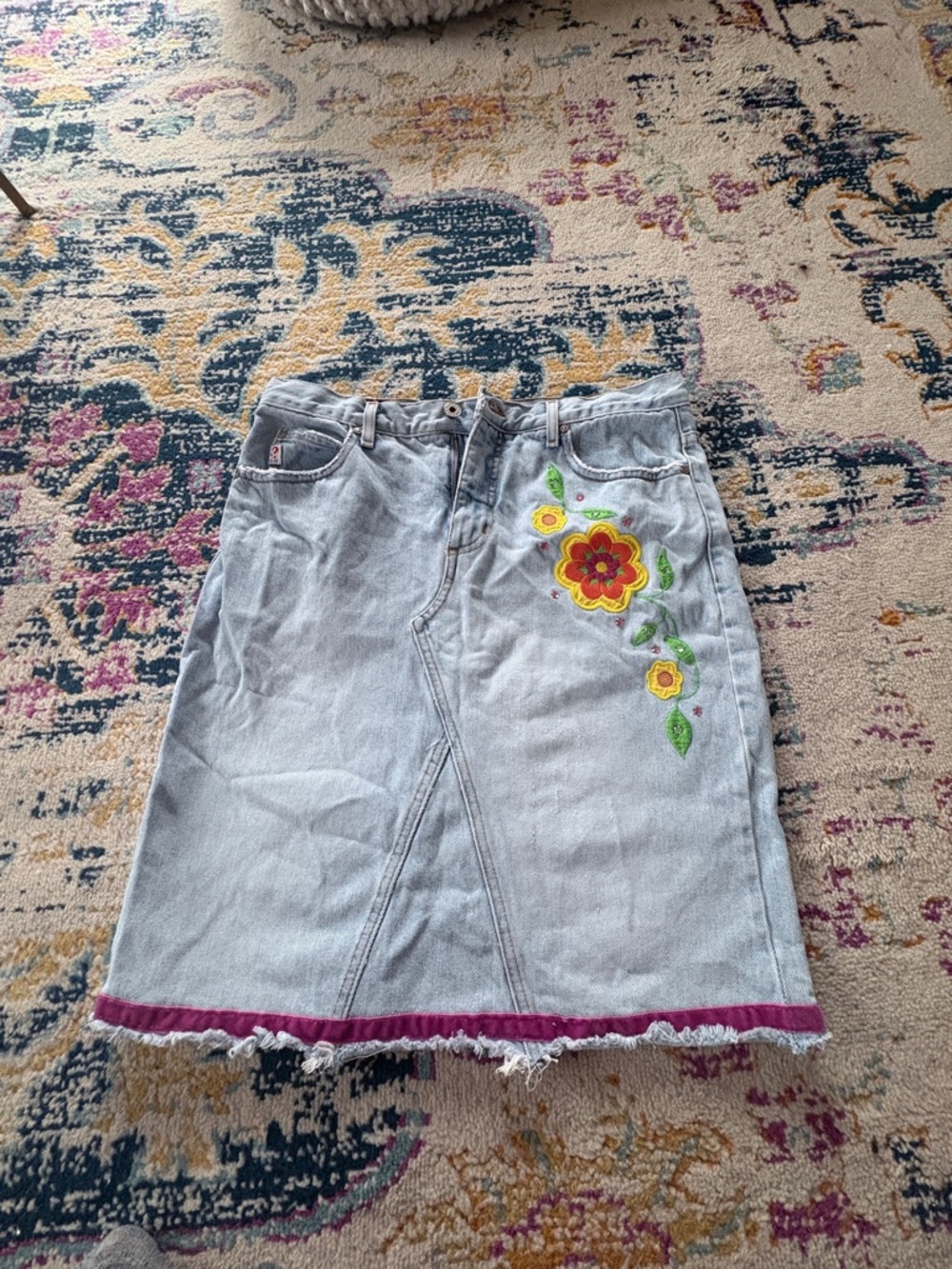 Guess Light Wash Denim Midi Skirt with Yellow & Red Floral Embroidery